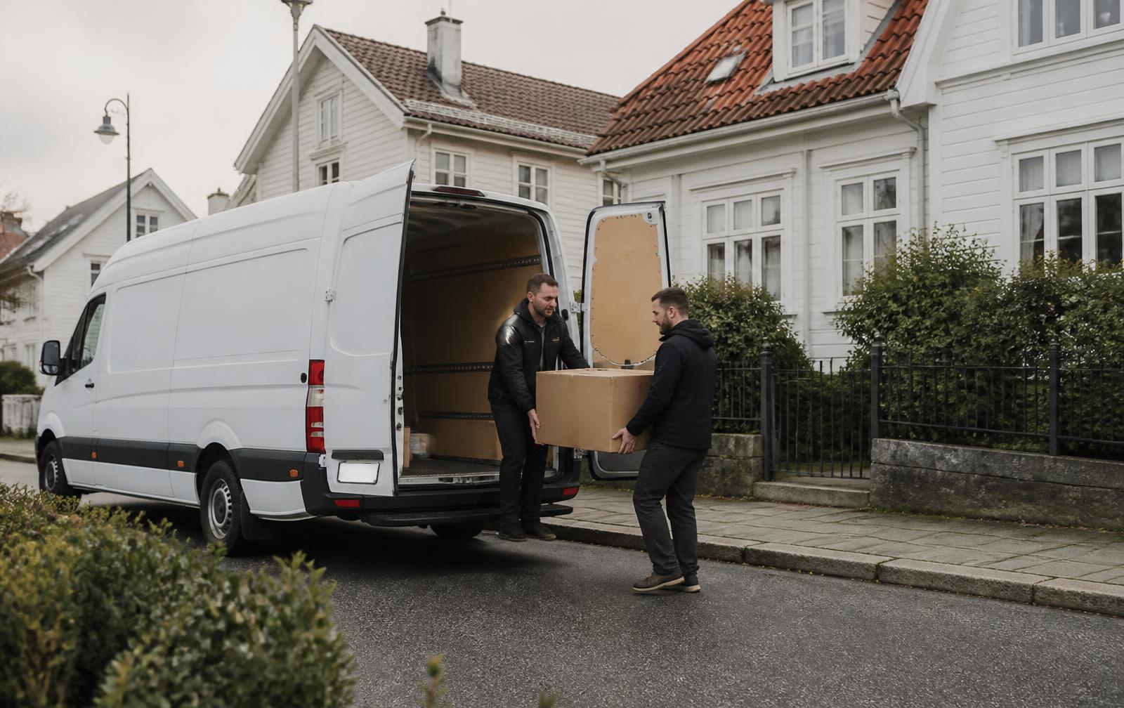 To flyttearbeidere bærer en flyttekasse inn i en hvit Mercedes-Benz Sprinter i et boligstrøk i Kristiansand