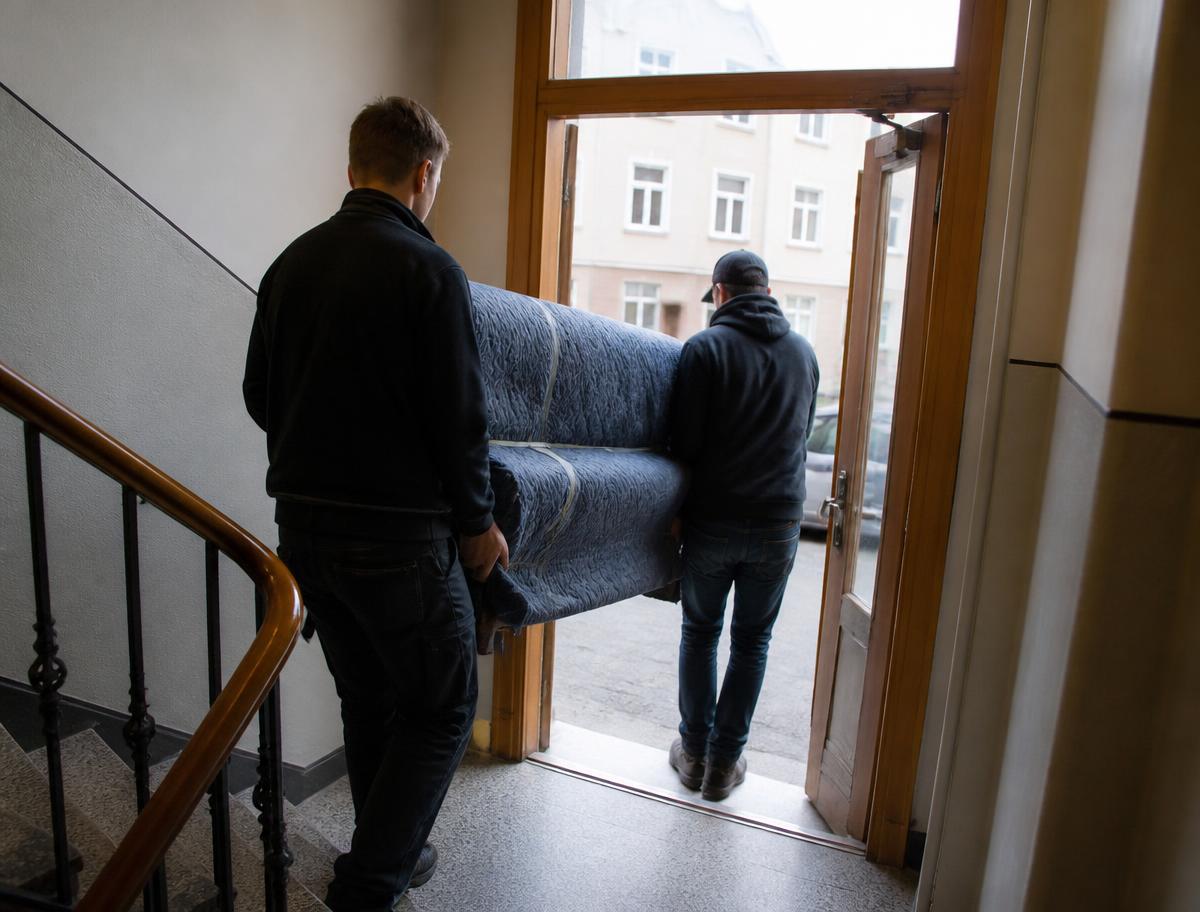 Flyttearbeidere bærer møbler ut fra en enebolig i Vennesla